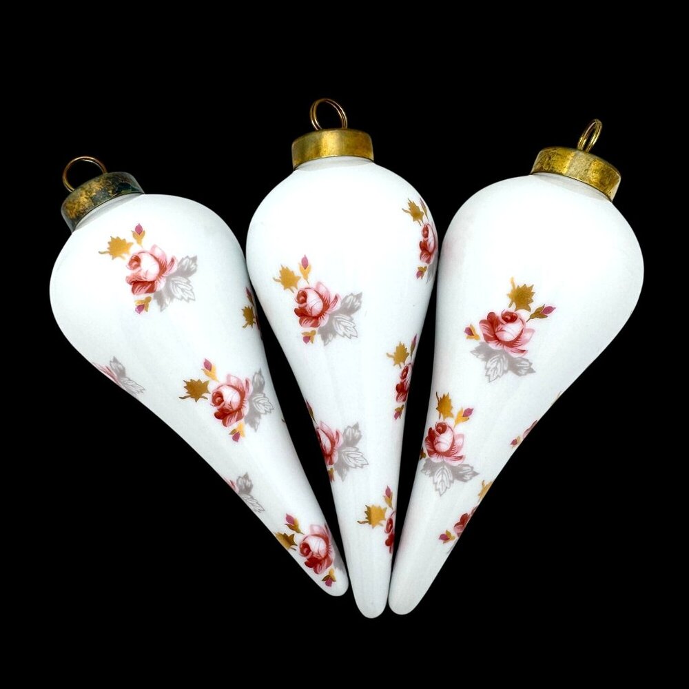 Floral Teardrop Set of 3 Christmas Holiday Ornament Hand Painted Gold Top  5.5"